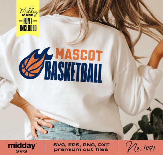 Woman wearing a white shirt with a flaming basketball graphic and 'Mascot Basketball' text, promoting SVG and cut file designs for crafting.