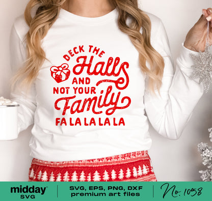 Person wearing a white shirt with funny Christmas quote and red festive design, suitable for Cricut and Silhouette crafting.