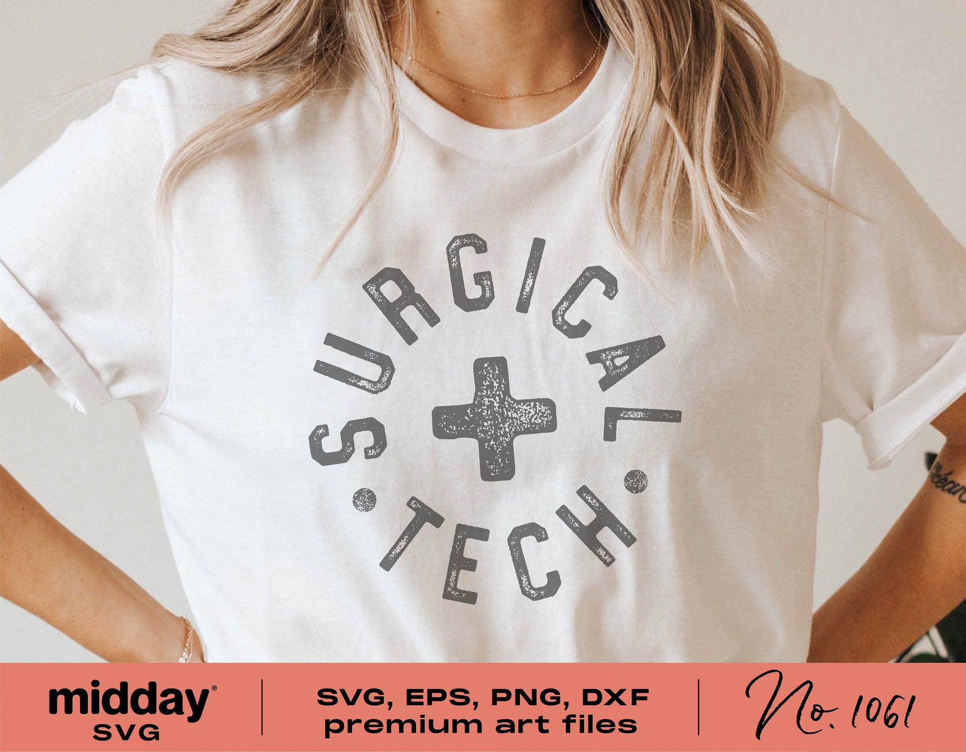 White t-shirt with 'Surgical Tech' design, available in SVG, PNG, DXF, EPS formats for Cricut and Silhouette crafting.