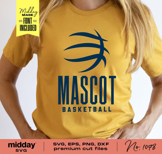 Woman wearing yellow shirt with 'Mascot Basketball' logo, available in SVG, PNG, EPS, DXF formats for Cricut and Silhouette use.