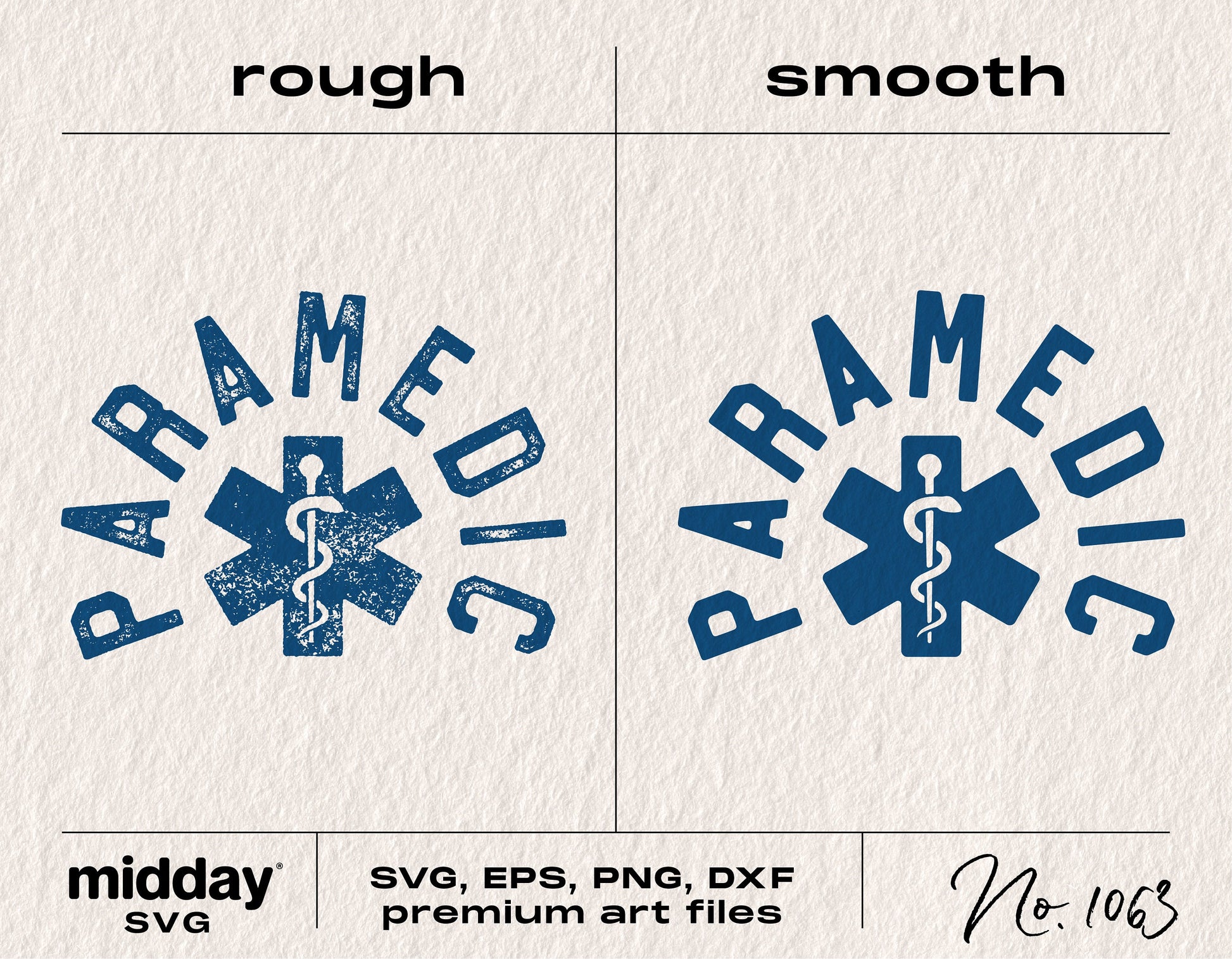 Paramedic SVG design preview with rough and smooth text styles, including SVG, EPS, PNG, DXF formats for Cricut and Silhouette crafts.