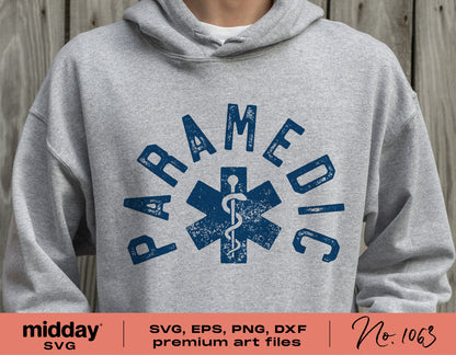 Gray hoodie featuring a vintage-style paramedic design in blue, available in SVG, PNG, DXF, EPS formats for Cricut crafting.