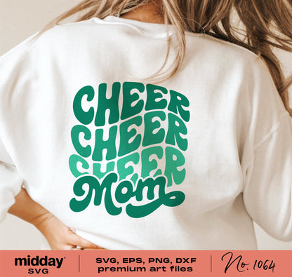 Cheer Mom SVG design showcased on a white shirt, featuring green retro lettering for Cricut and Silhouette crafting projects.