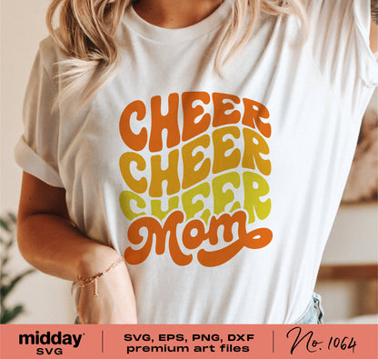 Woman wearing a T-shirt with "Cheer Mom" hippie-style design, available as SVG, EPS, PNG, and DXF files for Cricut and Silhouette.