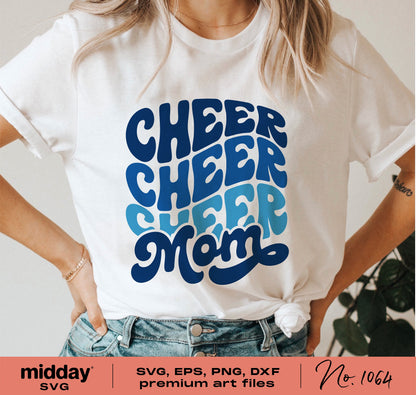 "Cheer Mom" hippie style text design on a white t-shirt, suitable for Cricut and Silhouette crafting projects.