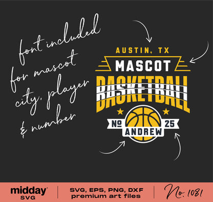 Custom basketball team SVG design template with editable text for mascot, player number, and city, perfect for Cricut and Silhouette.