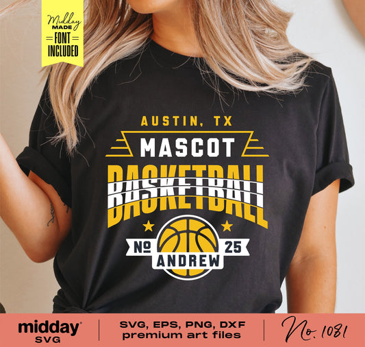 Customizable basketball team shirt design with Austin, TX mascot, SVG, EPS, PNG, and DXF files for Cricut and Silhouette projects.