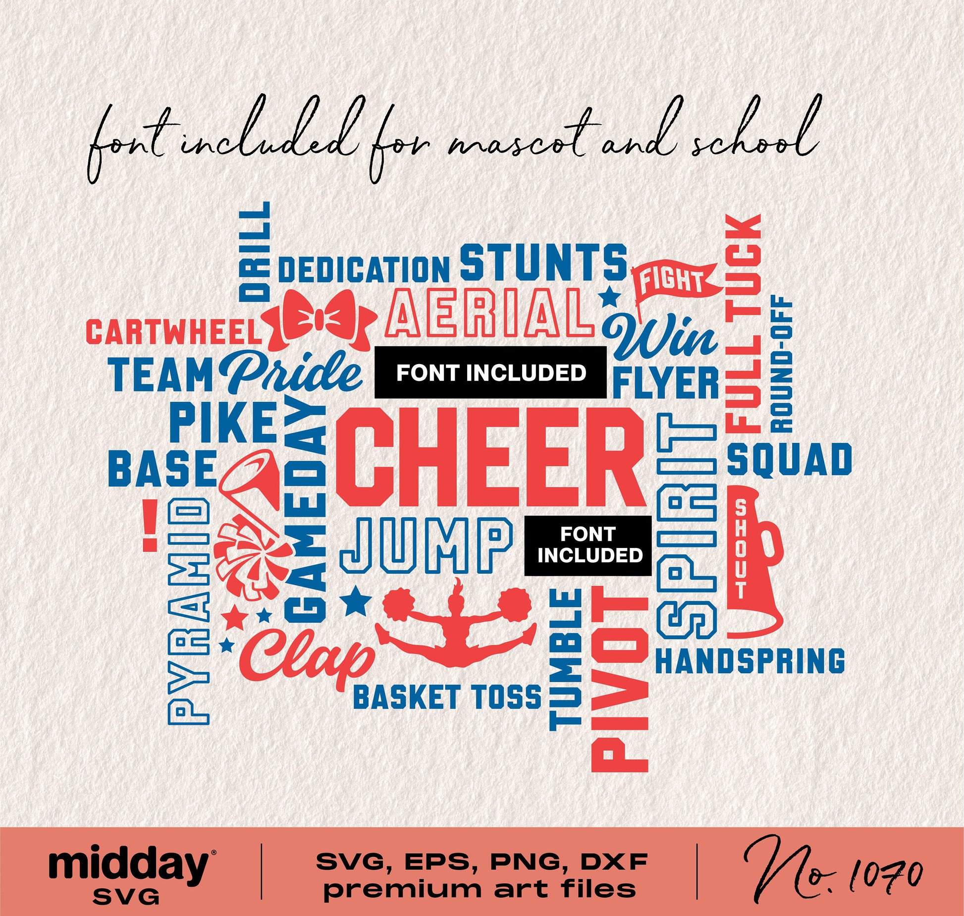 Cheer team word art in red and blue with words like spirit, cheer, pike, and jump. Font included for custom designs.