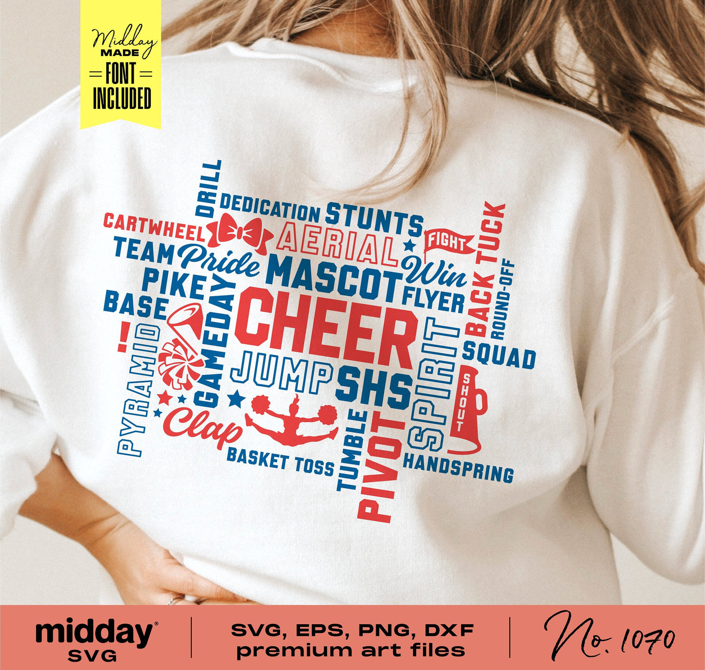 White shirt with cheer team word art design including words like "CHEER," "MASCOT," and "JUMPS" in SVG and other file formats.