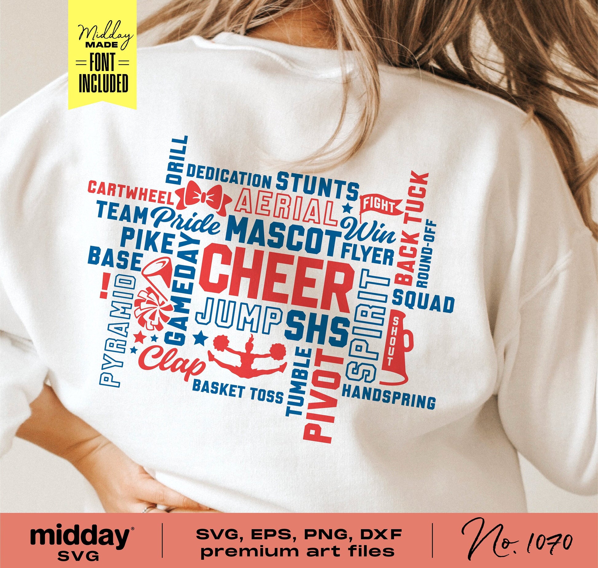 White shirt with cheer team word art design including words like "CHEER," "MASCOT," and "JUMPS" in SVG and other file formats.