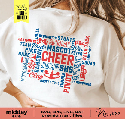 White shirt with cheer team word art design including words like "CHEER," "MASCOT," and "JUMPS" in SVG and other file formats.