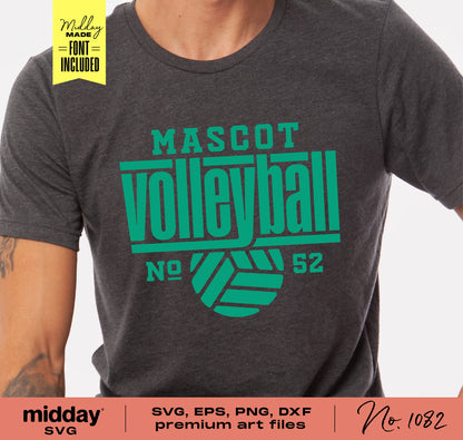 Gray t-shirt featuring a mascot volleyball design template in teal, ideal for Cricut and sublimation, includes SVG, EPS, PNG, DXF files.