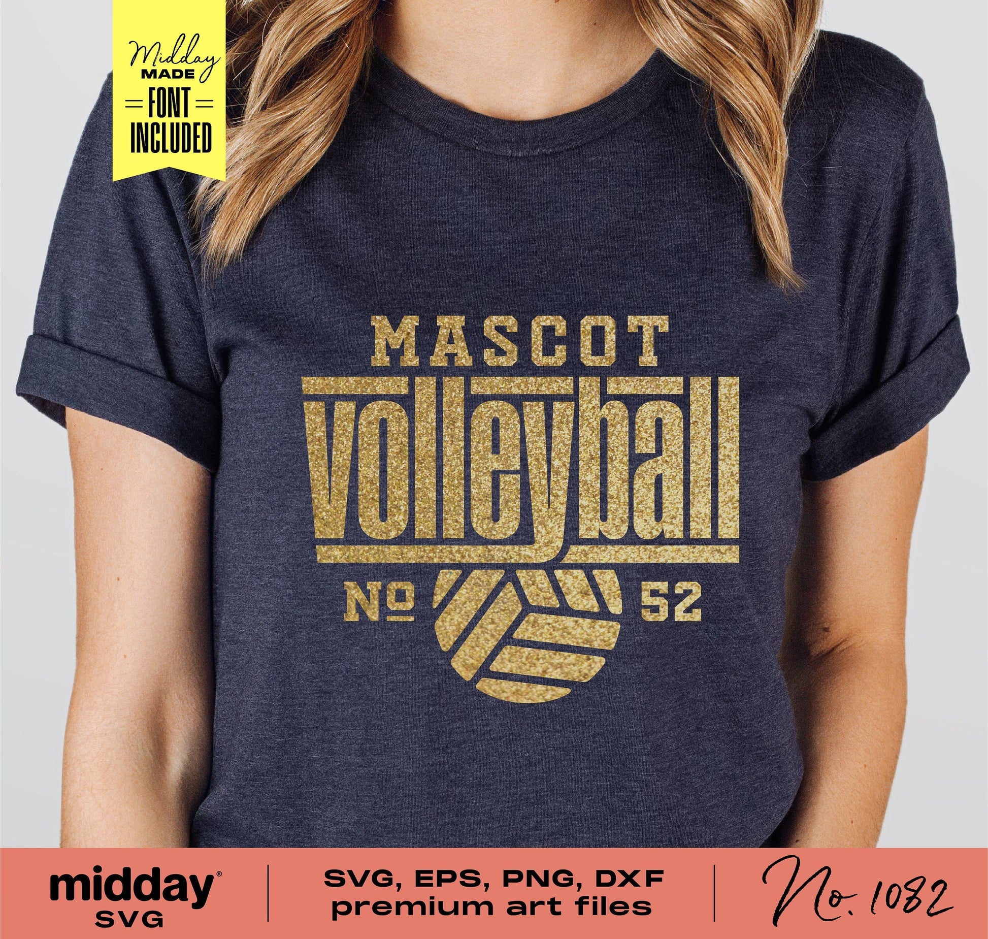 Volleyball shirt design with gold mascot text for Cricut and sublimation, compatible with SVG, PNG, DXF, EPS formats.