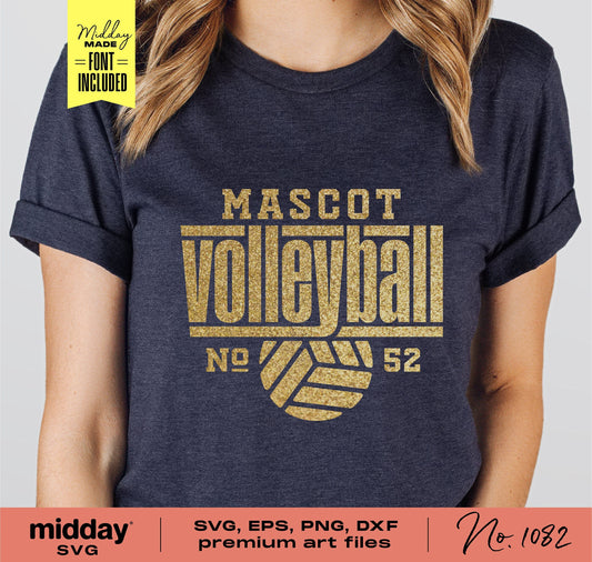 Volleyball shirt design with gold mascot text for Cricut and sublimation, compatible with SVG, PNG, DXF, EPS formats.