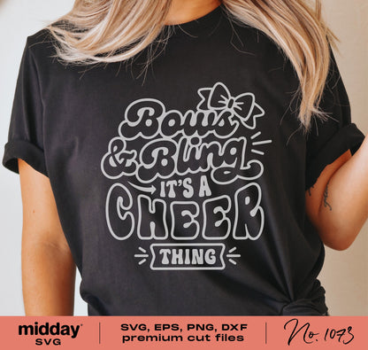 "Bows and Bling It's a Cheer Thing" design on black shirt, suitable for cheerleading gear, available in SVG, PNG, DXF, and EPS formats.