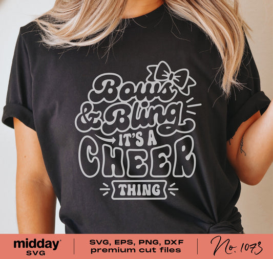 "Bows and Bling It's a Cheer Thing" design on black shirt, suitable for cheerleading gear, available in SVG, PNG, DXF, and EPS formats.