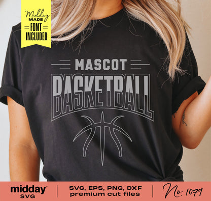Woman wearing a black t-shirt with 'Mascot Basketball' design, suitable for Cricut and Silhouette using SVG, EPS, PNG, DXF formats.