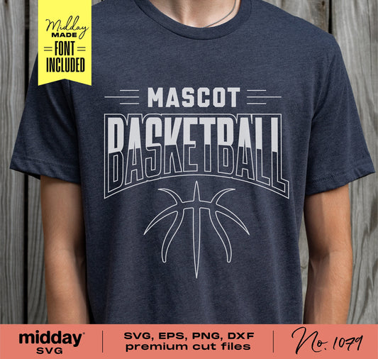 Basketball SVG template on a navy t-shirt, includes SVG, PNG, DXF, EPS formats, ideal for Cricut and Silhouette crafting projects.
