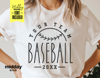 Baseball team shirt design template with customizable typography for Cricut and Silhouette, featuring a baseball logo.