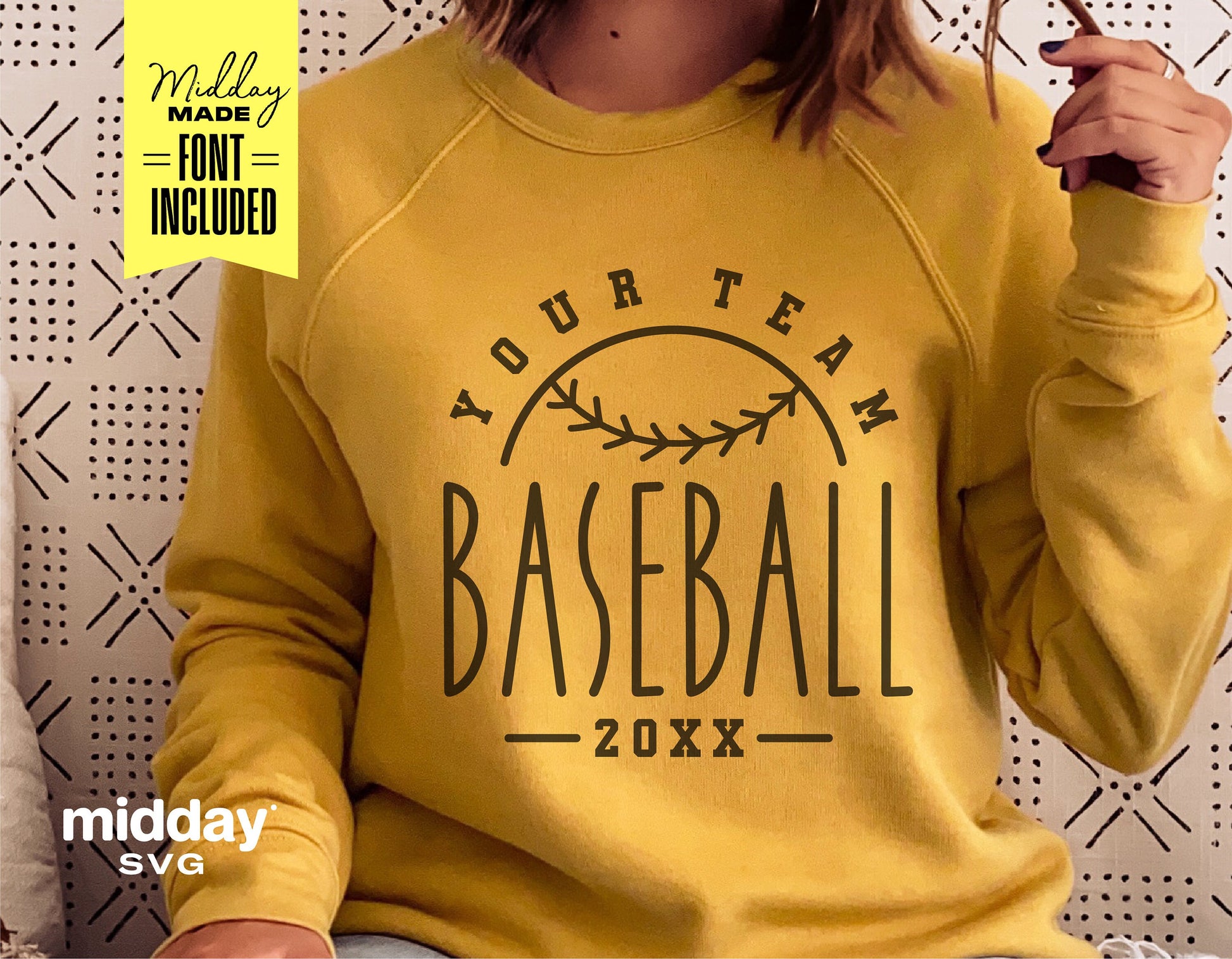 Person wearing a yellow baseball team sweatshirt with customizable 2023 design and baseball graphic, suitable for Cricut and sublimation.