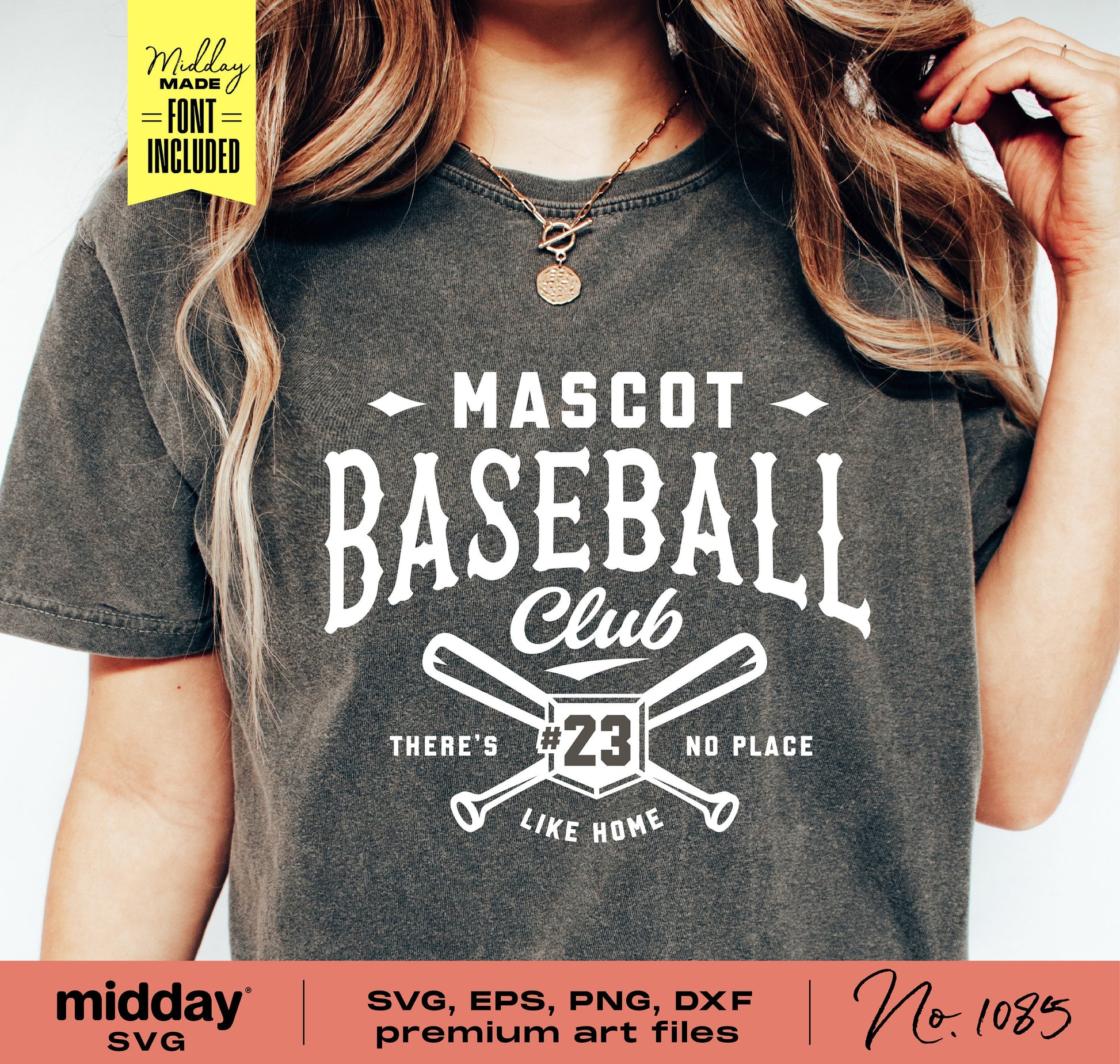 Woman wearing 'Mascot Baseball Club' shirt with crossed bats and number 23 design, ideal for baseball mom or dad, Cricut cut file.