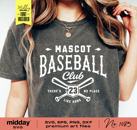 Woman wearing 'Mascot Baseball Club' shirt with crossed bats and number 23 design, ideal for baseball mom or dad, Cricut cut file.