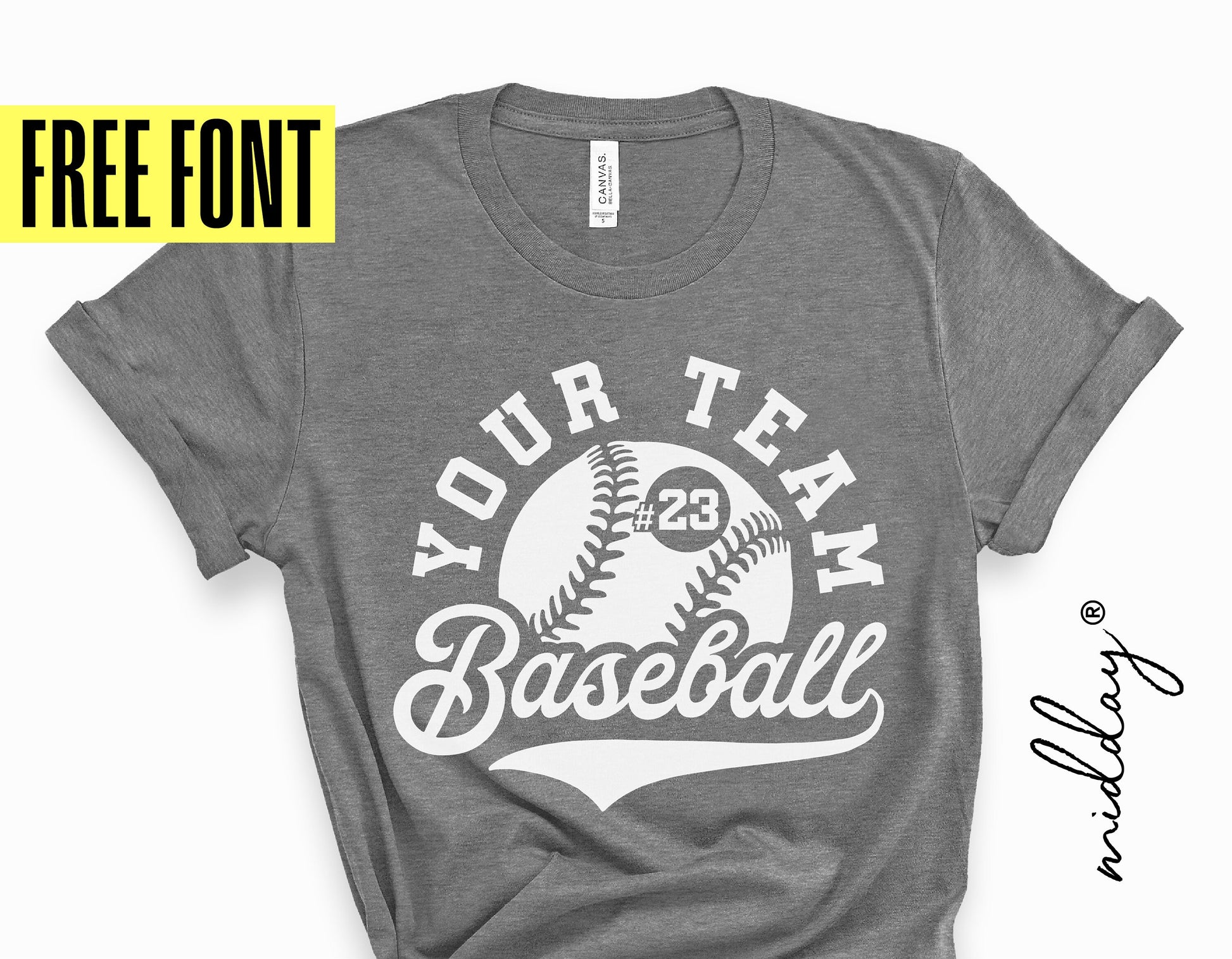 Gray baseball team shirt with customizable logo, "Your Team Baseball," for Cricut and sublimation projects. Includes free font.