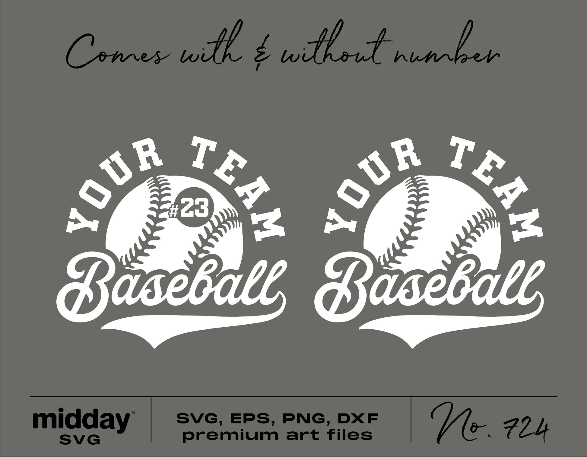 Baseball team logo SVG template with and without number for Cricut, featuring a baseball design for shirts and sublimation projects.