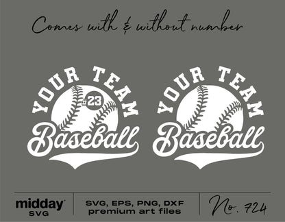 Baseball team logo SVG template with and without number for Cricut, featuring a baseball design for shirts and sublimation projects.