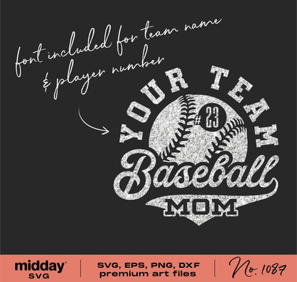 Baseball Mom SVG with customizable team and player font, ideal for Cricut and Silhouette, includes PNG, DXF, EPS files for DIY projects.