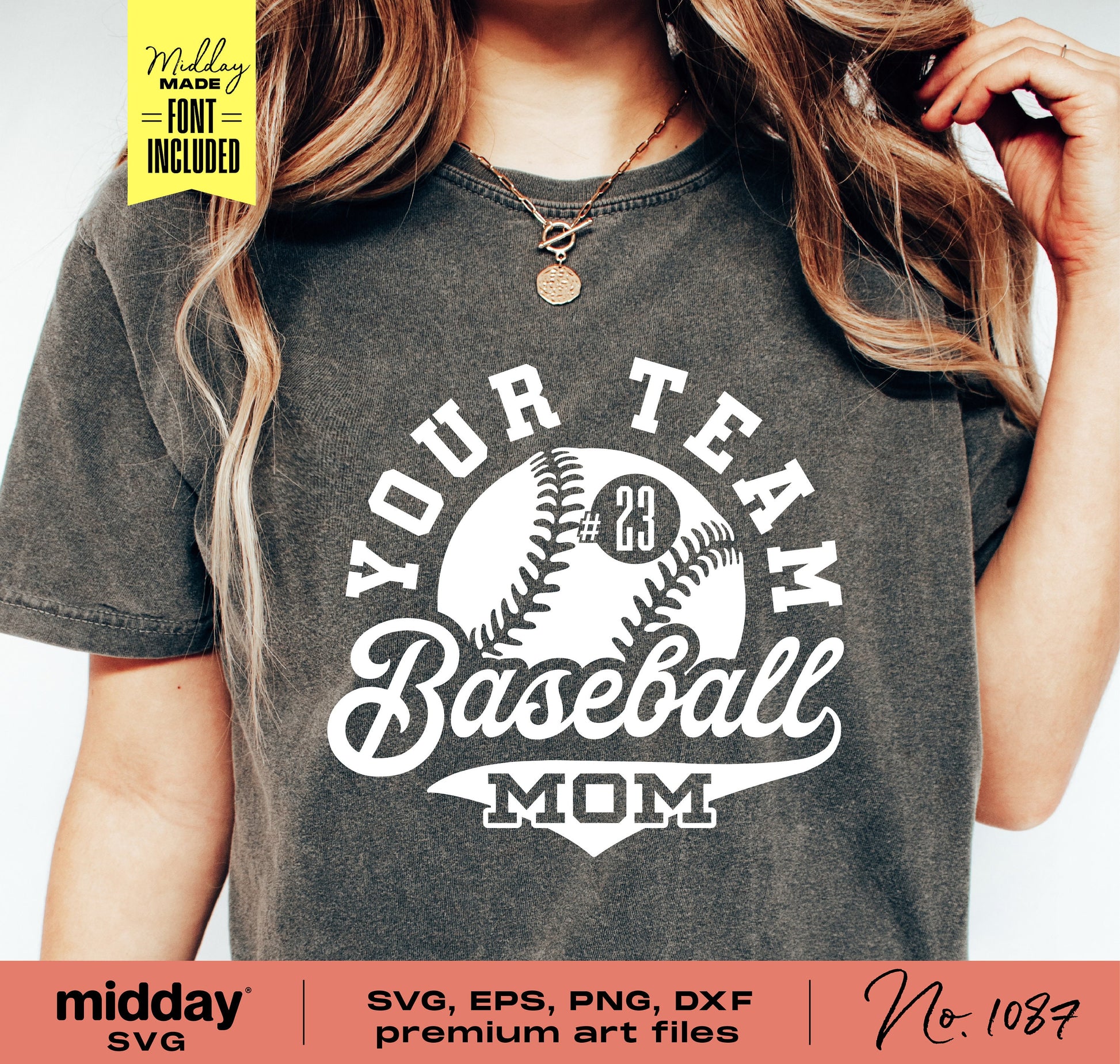 "Woman wearing Baseball Mom shirt with SVG, PNG, DXF design, featuring 'Your Team Baseball Mom' text and included font."