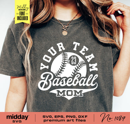 "Woman wearing Baseball Mom shirt with SVG, PNG, DXF design, featuring 'Your Team Baseball Mom' text and included font."