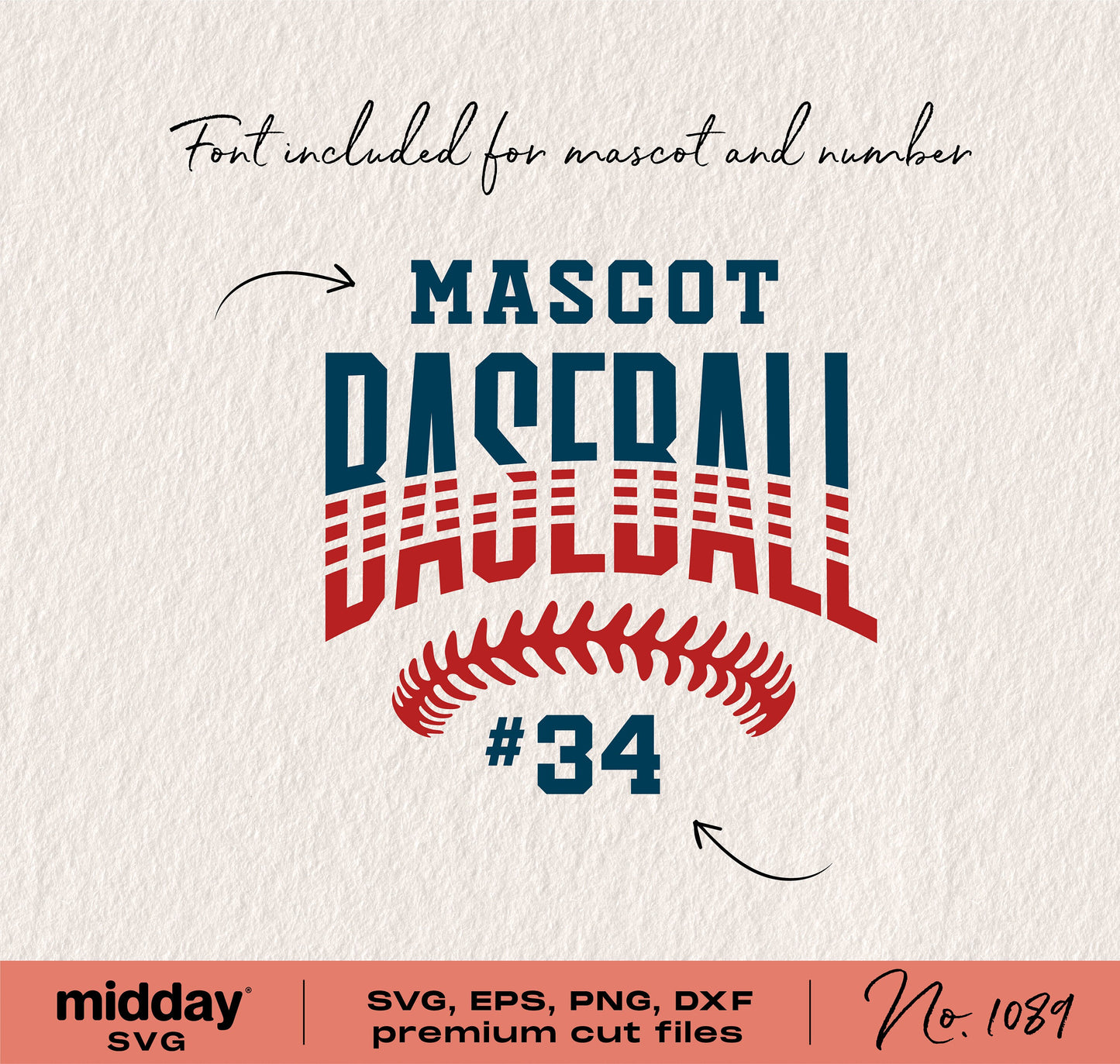 "Mascot Baseball SVG file with font, number #34, and red stitching design in SVG, EPS, PNG, DXF formats for Cricut and Silhouette"