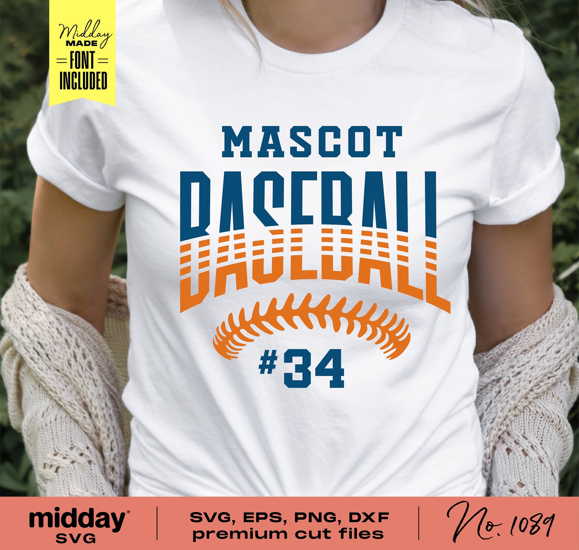 Person wearing white shirt with 'Mascot Baseball #34' design, featuring baseball stitches, suitable for Cricut or Silhouette crafts.