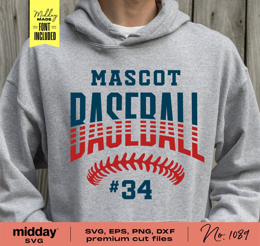 Person wearing a grey hoodie with 'Mascot Baseball' design, available in SVG, EPS, PNG, DXF formats, ideal for Cricut and Silhouette users.
