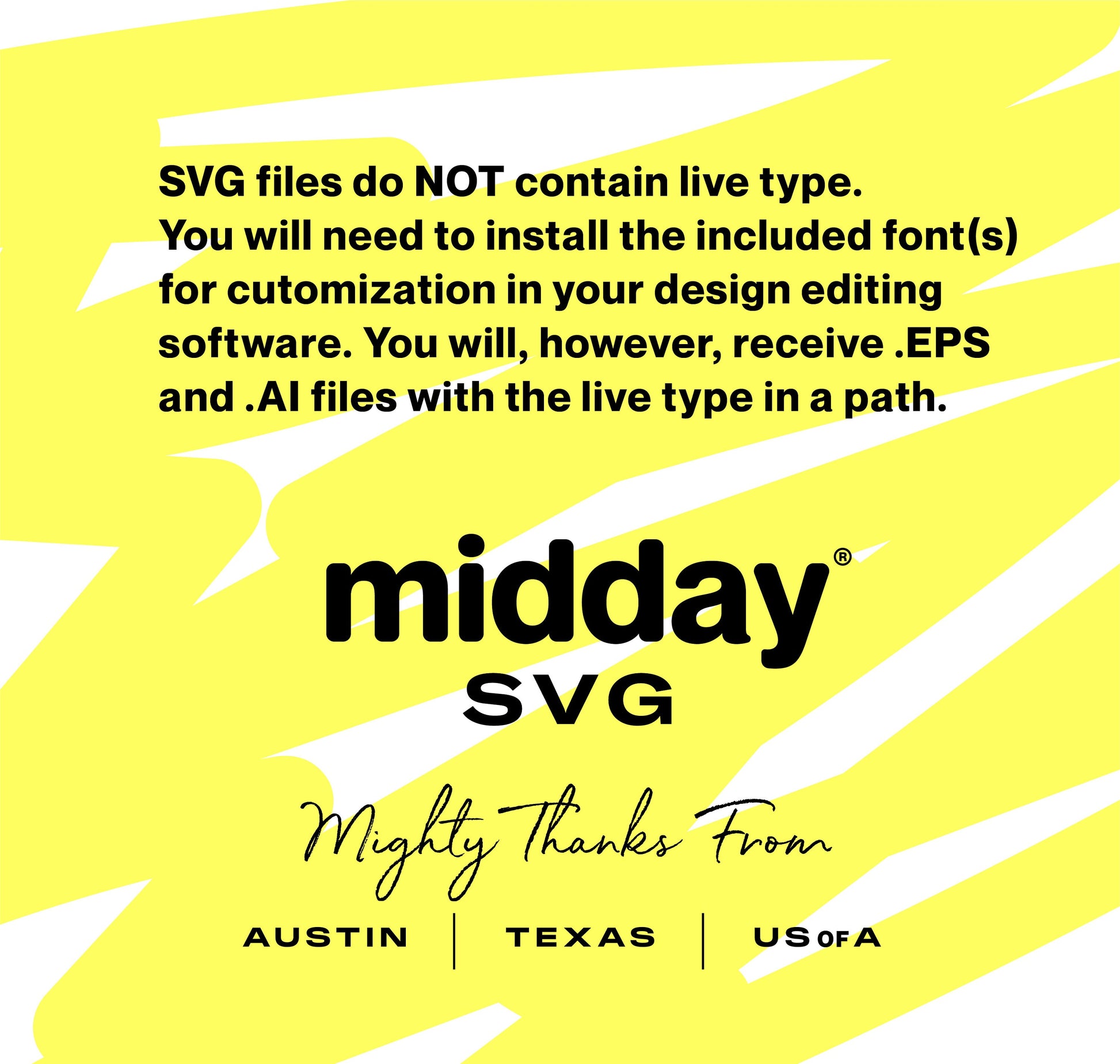 Midday SVG product information on yellow background, detailing file types and customization instructions for Austin, Texas, USA
