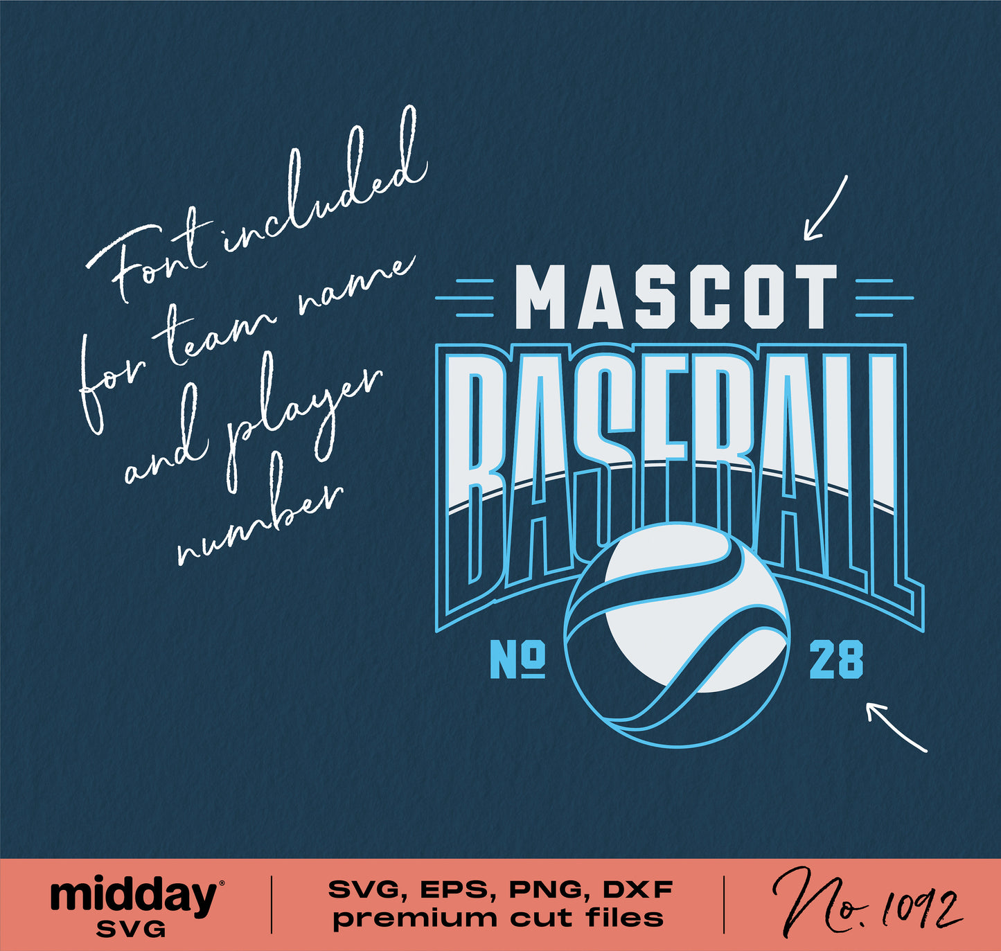 Baseball team SVG template with mascot design for Cricut and Silhouette, includes font for team names and player numbers, No. 1092.
