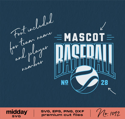 Baseball team SVG template with mascot design for Cricut and Silhouette, includes font for team names and player numbers, No. 1092.