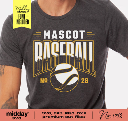 Baseball themed shirt with text 'Mascot Baseball No 28', suitable for Cricut and Silhouette cutting, featuring bold sporty design.
