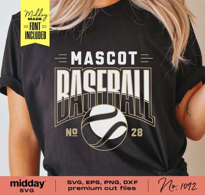 Black baseball shirt with "Mascot Baseball" design, perfect for baseball teams, coaches, and fans. SVG, PNG, DXF, EPS formats available.