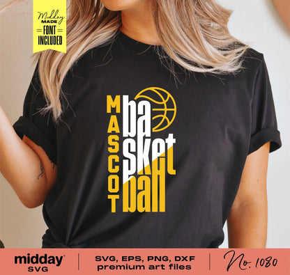 Basketball Team Template on black shirt, including SVG, EPS, PNG, and DXF files, featuring bold text and basketball graphic for Cricut and Silhouette.