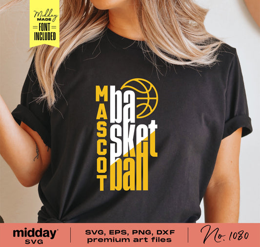Basketball Team Template on black shirt, including SVG, EPS, PNG, and DXF files, featuring bold text and basketball graphic for Cricut and Silhouette.
