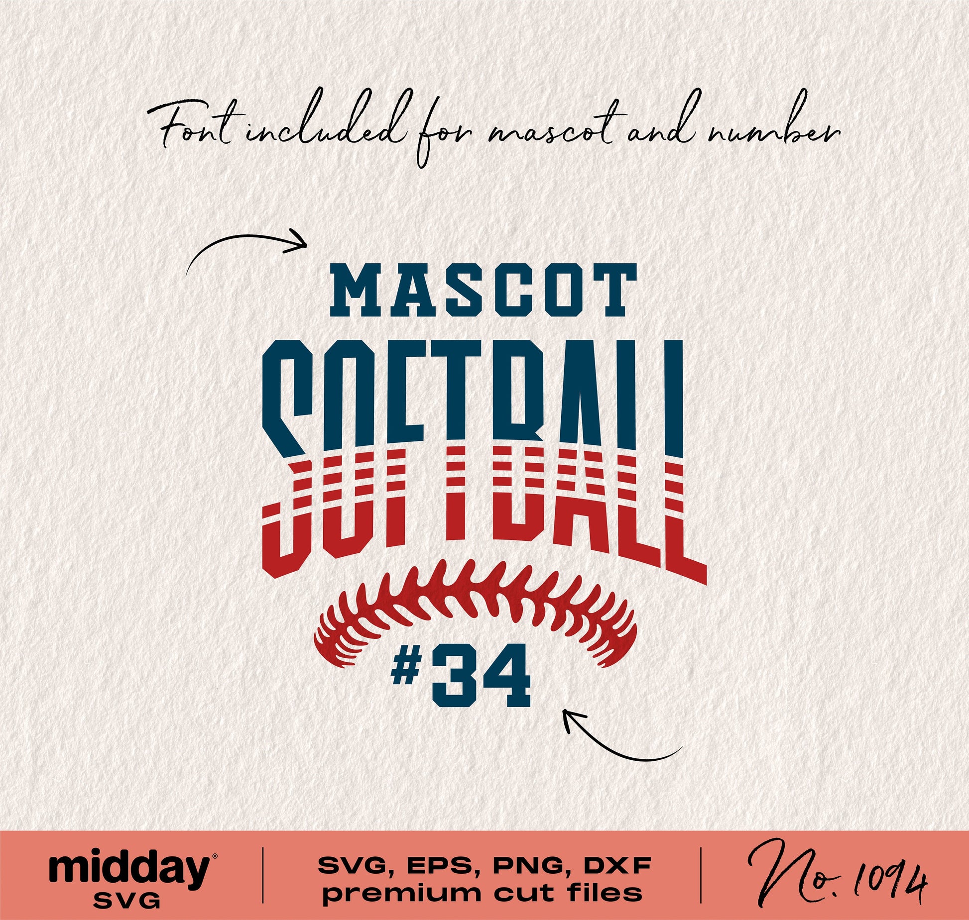 Softball SVG design with "Mascot Softball #34" for Cricut, includes font for customization, in SVG, EPS, PNG, DXF formats.
