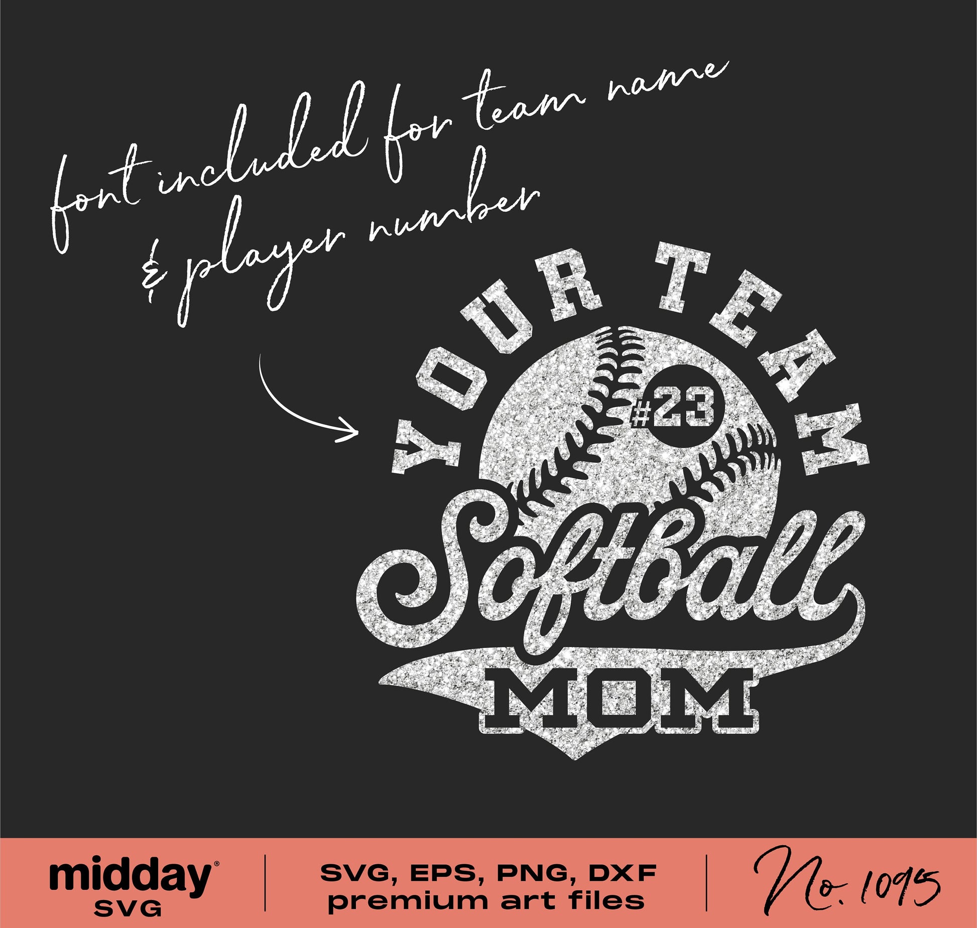 Softball Mom SVG design with customizable font for team name and player number, perfect for shirts, mugs, Cricut and Silhouette projects.