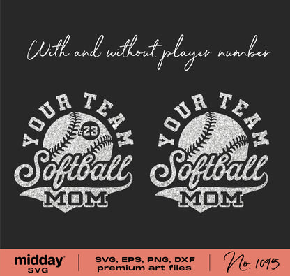 Softball Mom SVG design with customizable player number for shirts, mugs, tumblers, compatible with Cricut and Silhouette.