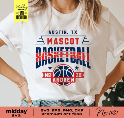 Woman wearing custom basketball team shirt with Austin, TX mascot design, perfect for Cricut and Silhouette projects. DIY template included.