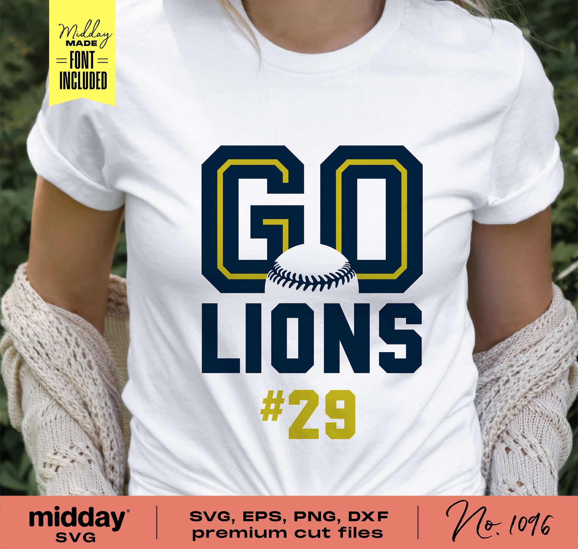 Person wearing a white t-shirt with 'Go Lions #29' baseball design, perfect for team shirts, Cricut, and sublimation projects.