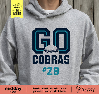 Gray hoodie featuring 'Go Cobras #29' baseball team design with SVG, EPS, PNG, DXF file options for Cricut and Silhouette crafting.