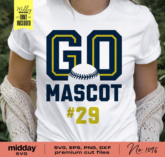 Person wearing a white t-shirt with 'Go Mascot #29' design for softball team support; includes fonts and premium SVG, EPS, PNG, DXF files.
