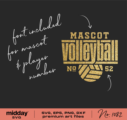 Volleyball team logo design with gold text and mascot, editable SVG, PNG for Cricut and sublimation, font included, No. 52.